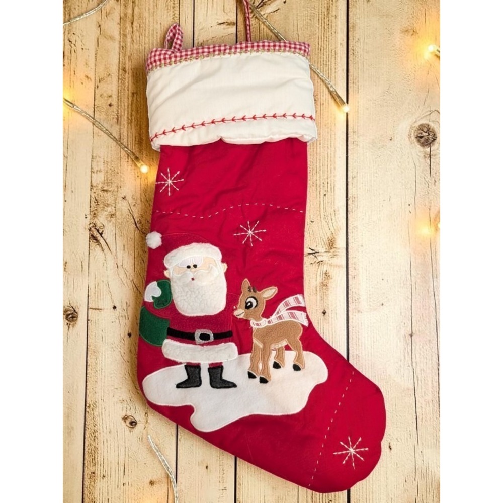 Pottery Barn Kids Quilted Christmas Stocking Santa Reindeer Red Gingham 20x11
